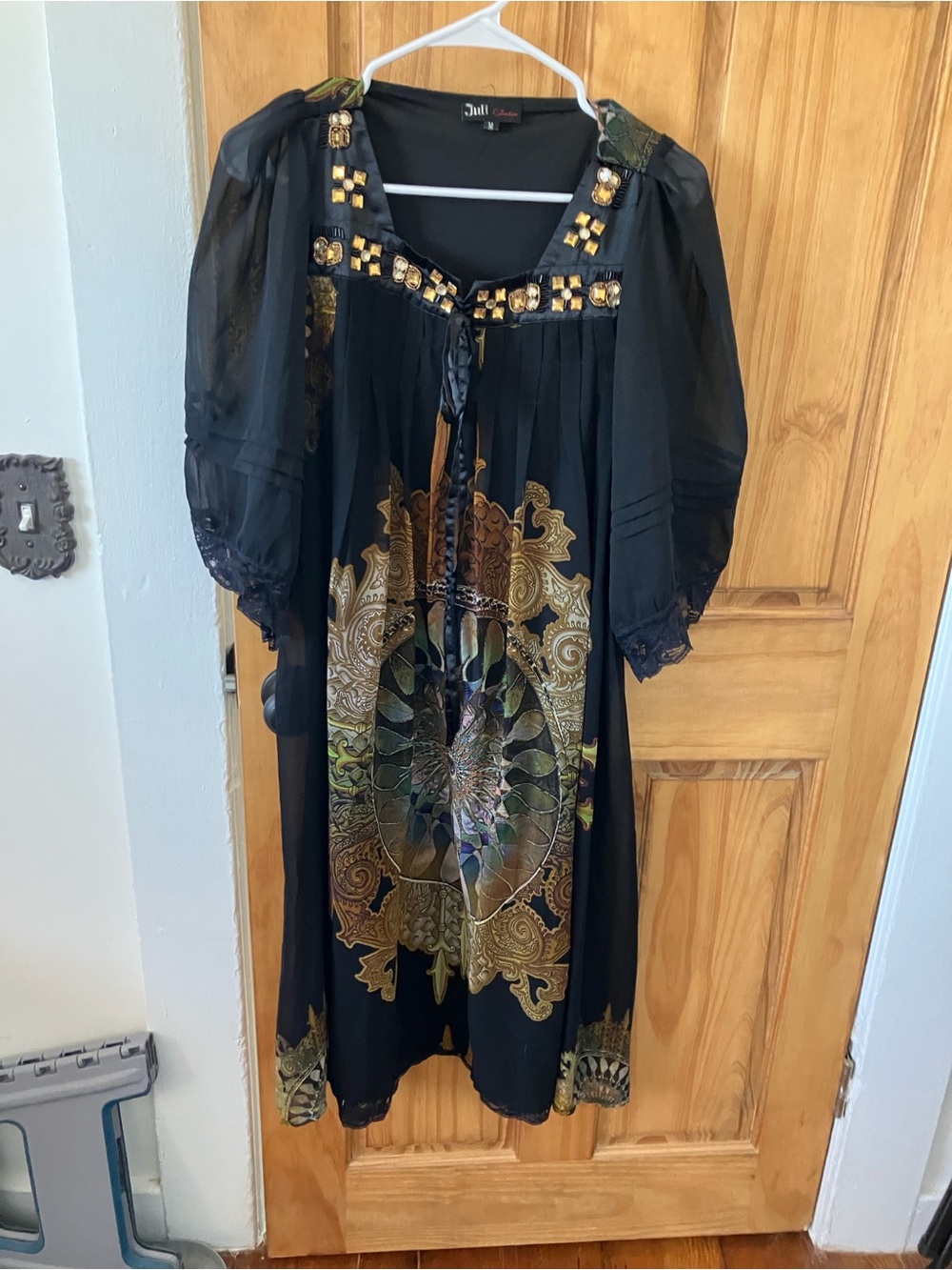 JS Collections Black Maxi Dress with Gold Medallion and Jewel Accents